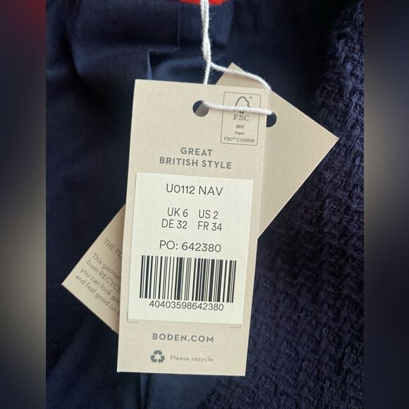 Boden Navy Blue Collared Textured Cotton Blend Jacket Blazer  Sz 2 NWT - Picture 12 of 13